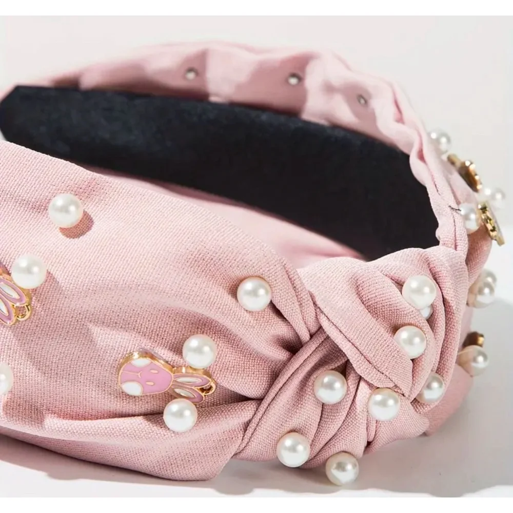 Pink Top Knot Headband with Easter Bunny Charms and Faux Pearls